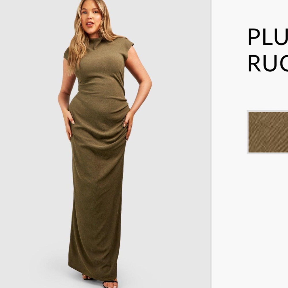 PLUS TEXTURED HIGH NECK RUCHED COLUMN MIDAXI DRESS